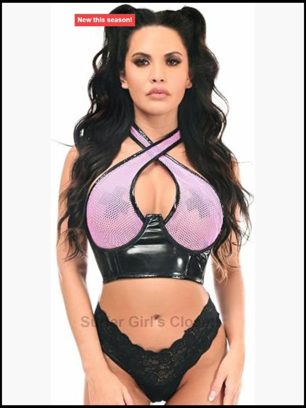 Women's Vinyl Fishnet Halter Corset Underwire Cincher Lace-Up Back